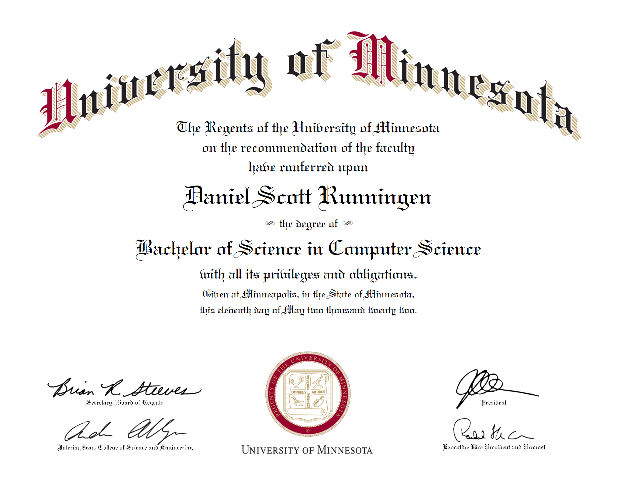 Diploma awarded from the University of Minnesota for a Bachelor of Science degree in Computer Science.