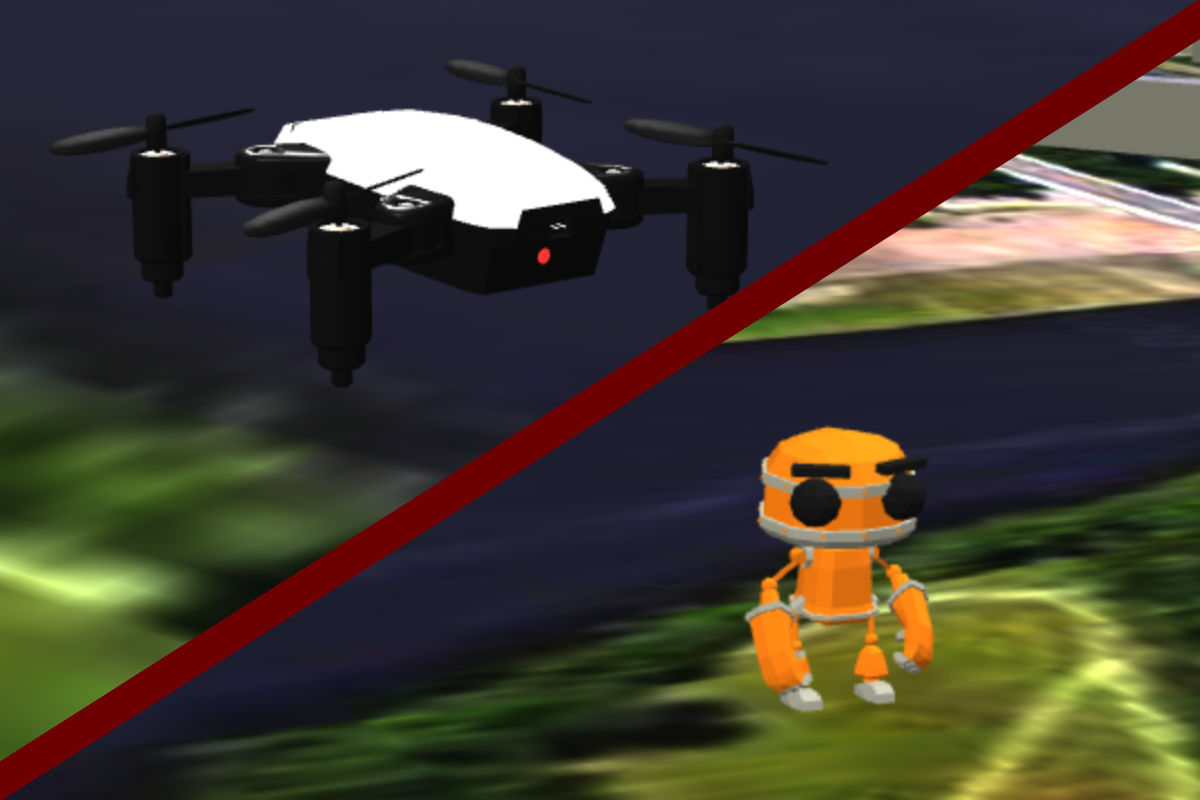 Drone and Robot models displayed in a diagonal split screen