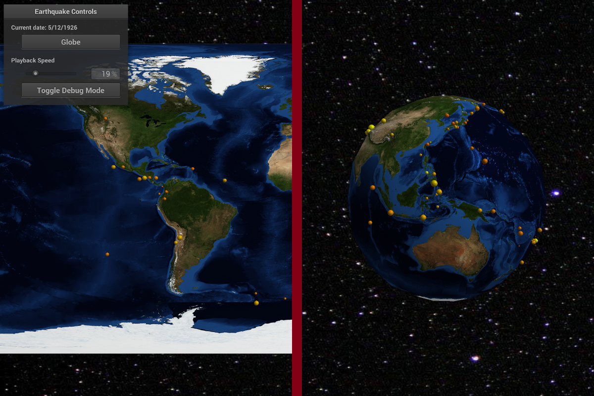 A split image showing both a flat map and spherical globe showing locations on the surface where earthquakes have occurred.