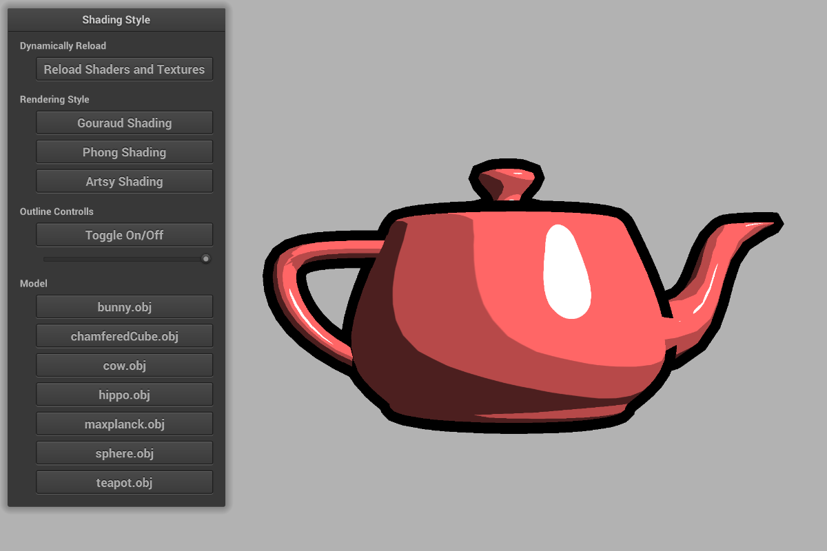 The classic model of a teapot rendered with the pop-art shader and a thick outline.